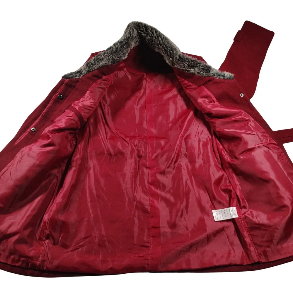 DTSARF Womens Red Wool Blend Belted Trench Coat Faux Fur Collar Burgundy 9400863